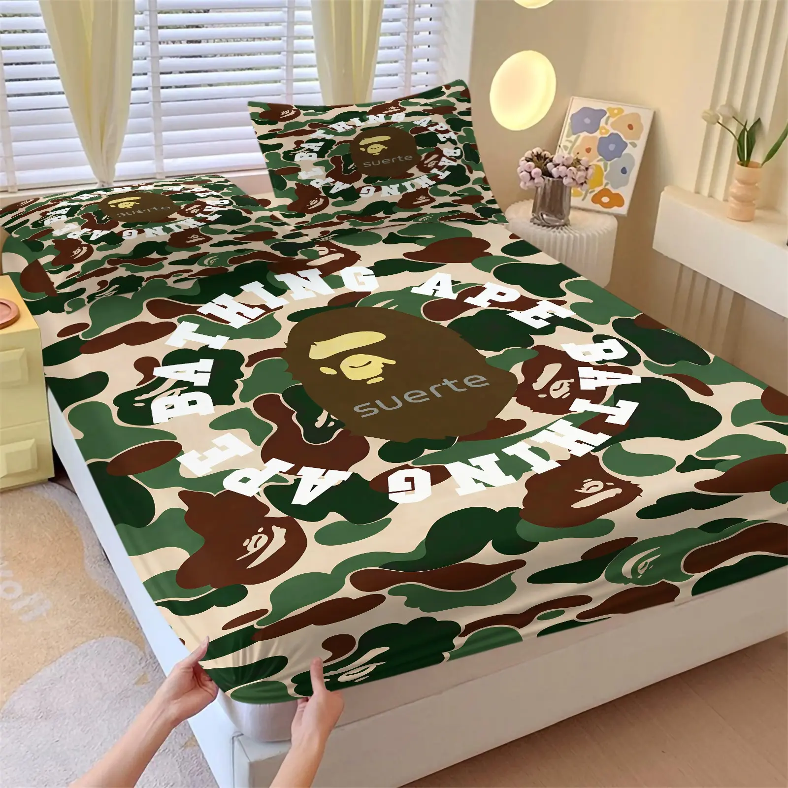 Pink Camo Cartoon Gorilla Head Fitted Sheet Set and 2 Pillowcases No Core, ABC Camouflage & Iconic Ape Head Logo, Soft Anti-Slip Wrinkle-Resistant Bedding, Decorative Bedding, Sweet Cool Trendy Bedroom Decor, Gift for Fans