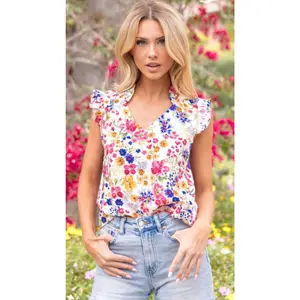 Ruffled V Neck Floral Printed Top