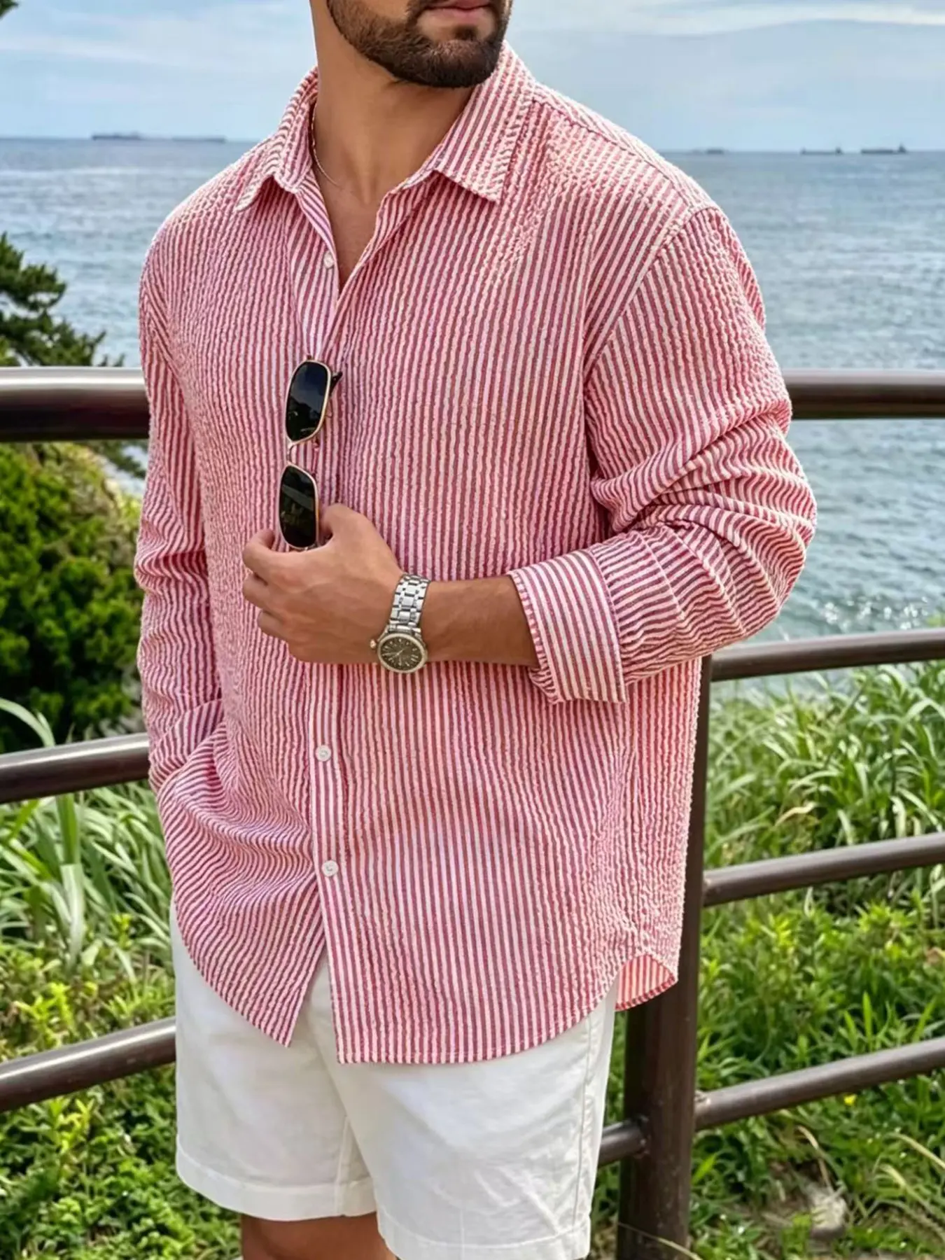 Men's Long Sleeve Striped Shirt Top, Casual Collared Shirt, Loose Fit Casual Wear, Comfortable and Fashionable, Suitable for All Seasons and Outdoor Activities
