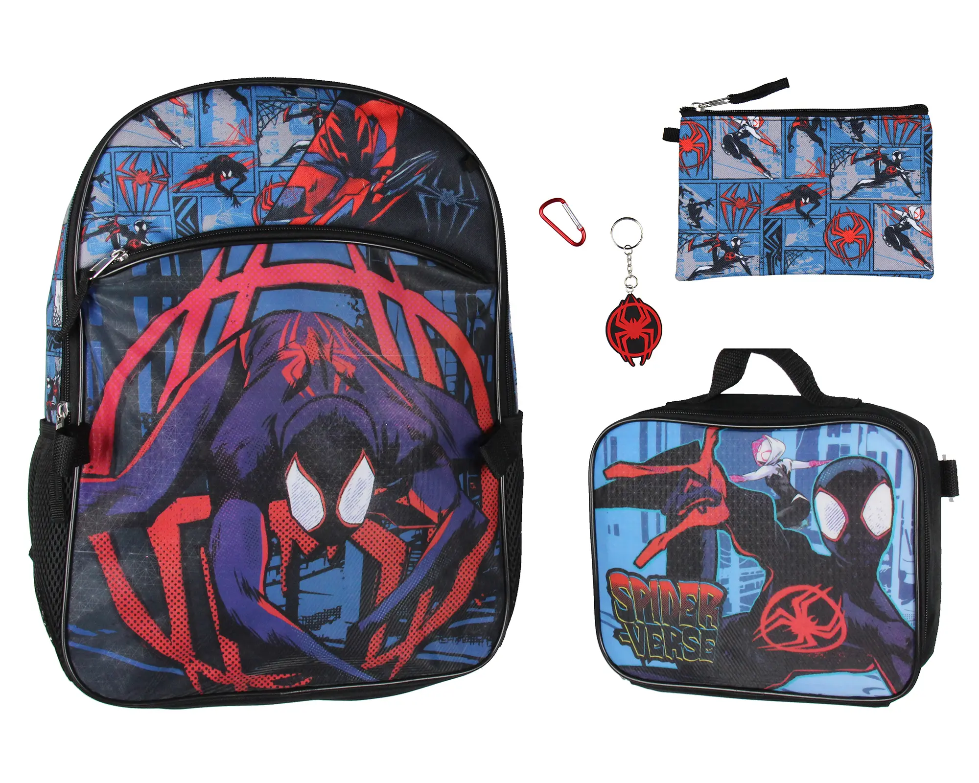 Spiderman Backpack Miles Morales Lunch Box Key Chain Pencil Case Carabiner 5 pc Set 16"