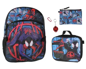 Spiderman Backpack Miles Morales Lunch Box Key Chain Pencil Case Carabiner 5 pc Set 16"