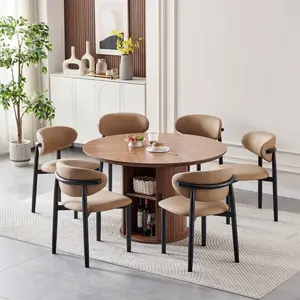 Modern 47" Round Wooden Dining Table with Hidden Fluted Storage Cabinet, Minimalist Pedestal Kitchen Table for 4, Space-Saving Bantry Table for Small Spaces
