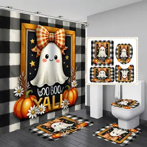 1/3/4PCS Halloween cute ghost in framed decor with pumpkins Shower Curtain Set with Rugs, Non Slip Bath Mat, U-Shape Carpet, Toilet Lid Cover, Polyester Fabric Bathtub Curtain Accessories, 12 Hooks, Home Bathroom Festival Decor