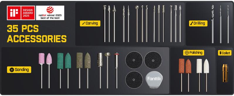 Fanttik F2 Master Mini Cordless Rotary Tool Kit 4V, Brushless Motor 25000 RPM, Revostor Hub, 35 Accessories, Portable Lightweight Design Drill Bits, for 3D printer