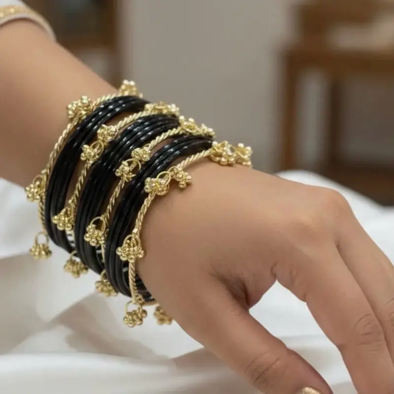 Hot Selling Black Glass Bangles Set 12pcs with 4pcs Kashmiri Ghungroo Handcrafted for Everyday Wear Festivals Weddings Birthdays Sizes 2.4 2.6 2.8