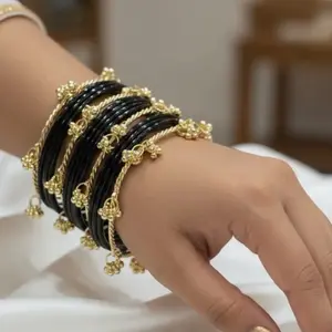 Hot Selling Black Glass Bangles Set 12pcs with 4pcs Kashmiri Ghungroo Handcrafted for Everyday Wear Festivals Weddings Birthdays Sizes 2.4 2.6 2.8