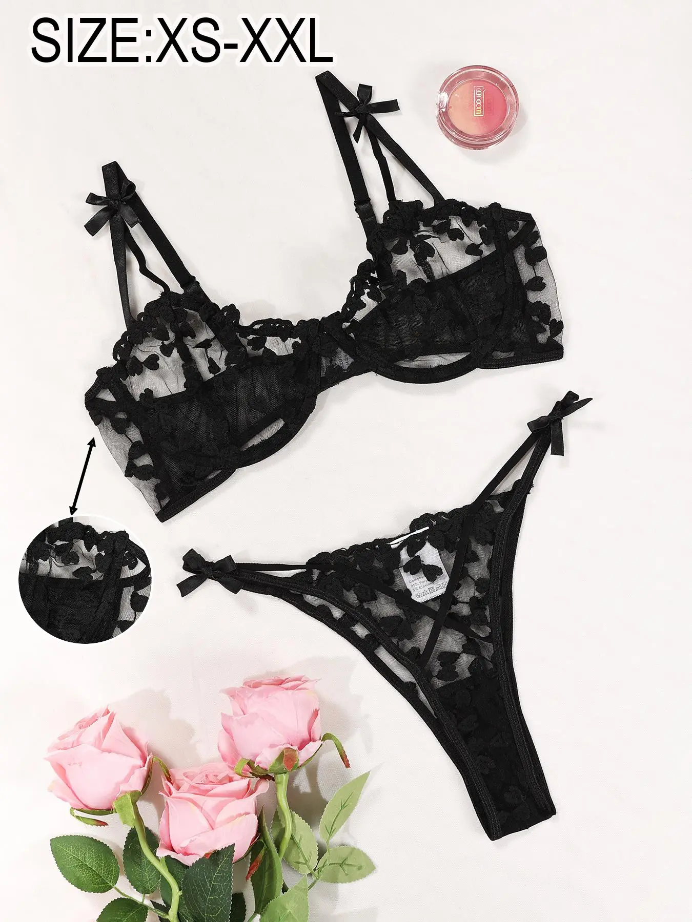 Romantic Elegance Floral Lace Breathable 2-Piece Lingerie Set, Womenswear Underwear, Underwear Sets, Transparent Mesh Panties and Underwire Bra, Medium, Plus Size Bridal Sleepwear, XS-Xxl