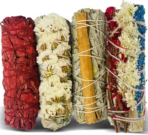 Sage Smudge Kit for Cleansing Negative Energy with Dragon Blood Cinnamon & Triple Flower Dried - 4'' Long Pack of 4 White California Sage Sticks