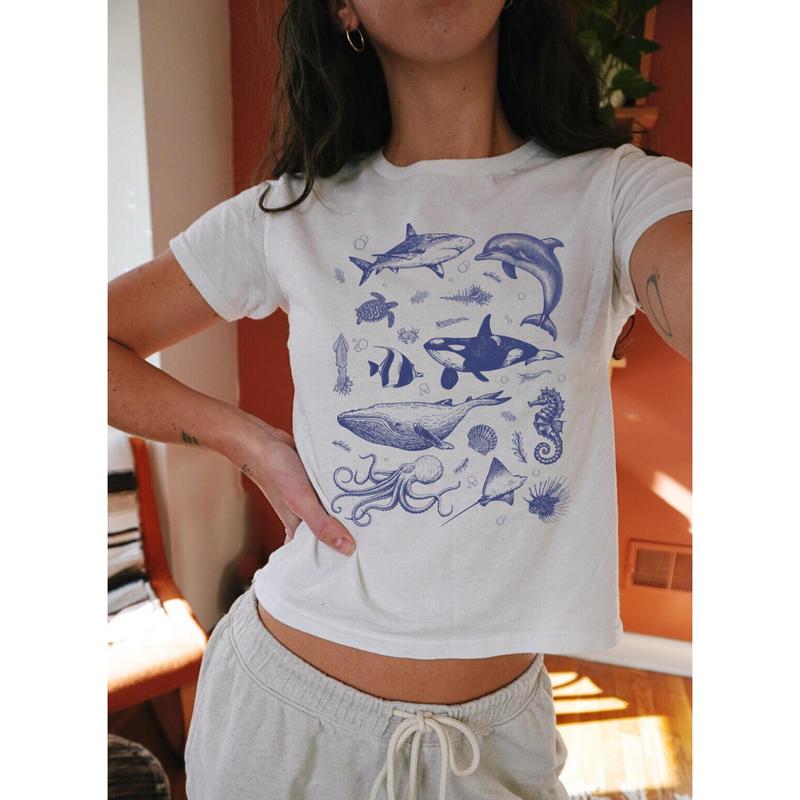 Vintage 90s Ocean Baby Tee, Sea Animals Retro Graphic Baby Tee, Y2K Baby Tee, Retro Ocean Nature Shirt, Sealife, Ocean Sea Life Baby Tee