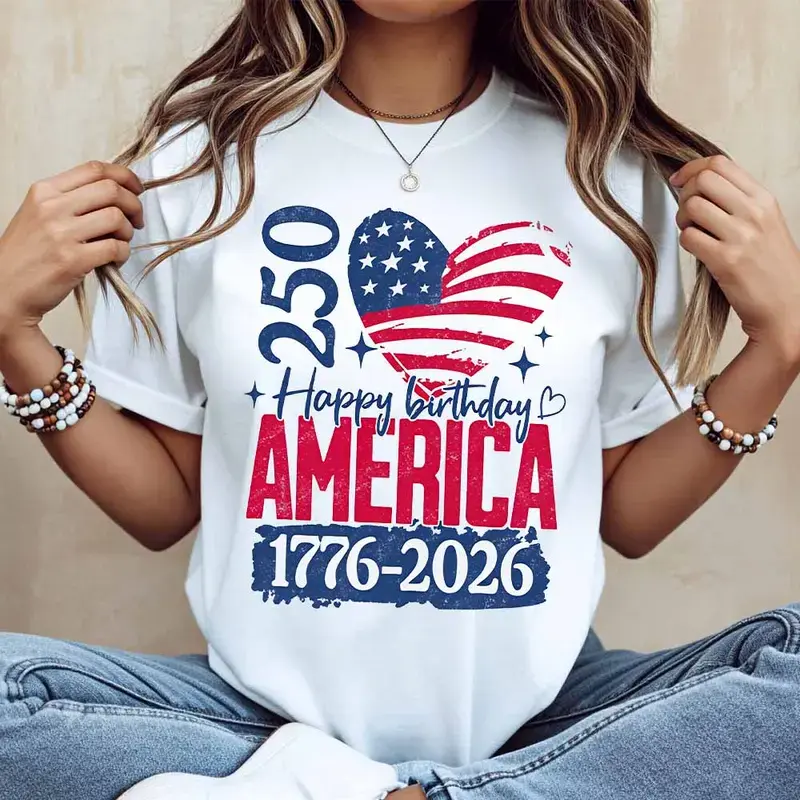 Lady's Soft Cotton Short-Sleeve Crew Neck T-Shirt - America250 Happy Birthday America 1776-2026 American Flag Heart Print, White Loose Fashionable Comfortable Fabric European Sizes Apparel, Machine Washable Everyday Essential Top, Shortsleeve, Round Neck