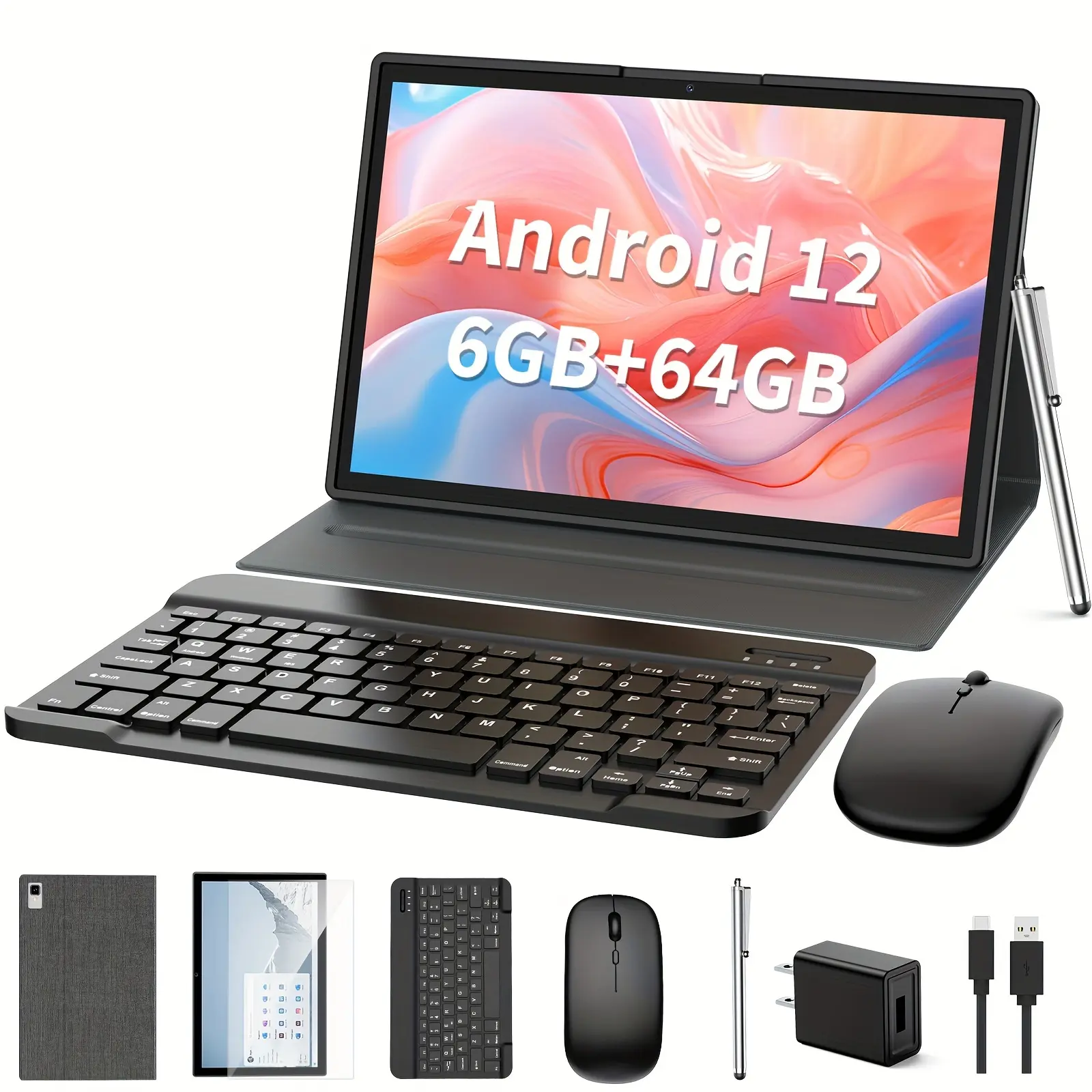 2024-NEW-10 2-in-1 Android 12 Tablet PC - 6GB RAM, 64GB Storage, Expandable to 512GB, Dual Camera, WiFi, Wireless, GMS Certified, with Keyboard, Case, Mouse, and Stylus - Rechargeable Lithium-Polymer Battery, USB Charging, and GMS Certification