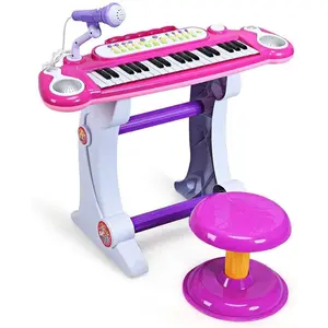 37Key Kids Piano Keyboard, Electronic Musical Instrument Educational Toy Electronic Organ with Detachable Microphone, Stool, Record and Playback, Lights, Adjustable Volume (Pink)