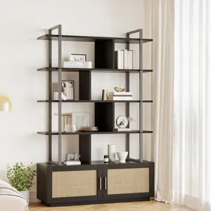 Garvee 5-Tier Industrial Bookcase with Metal Frame and Storage Cabinet, 71.1" Tall - Features Open Display Shelves and Closed Door Compartment, Versatile Rattan and Metal Design for Living Room, Bedroom, Home Office