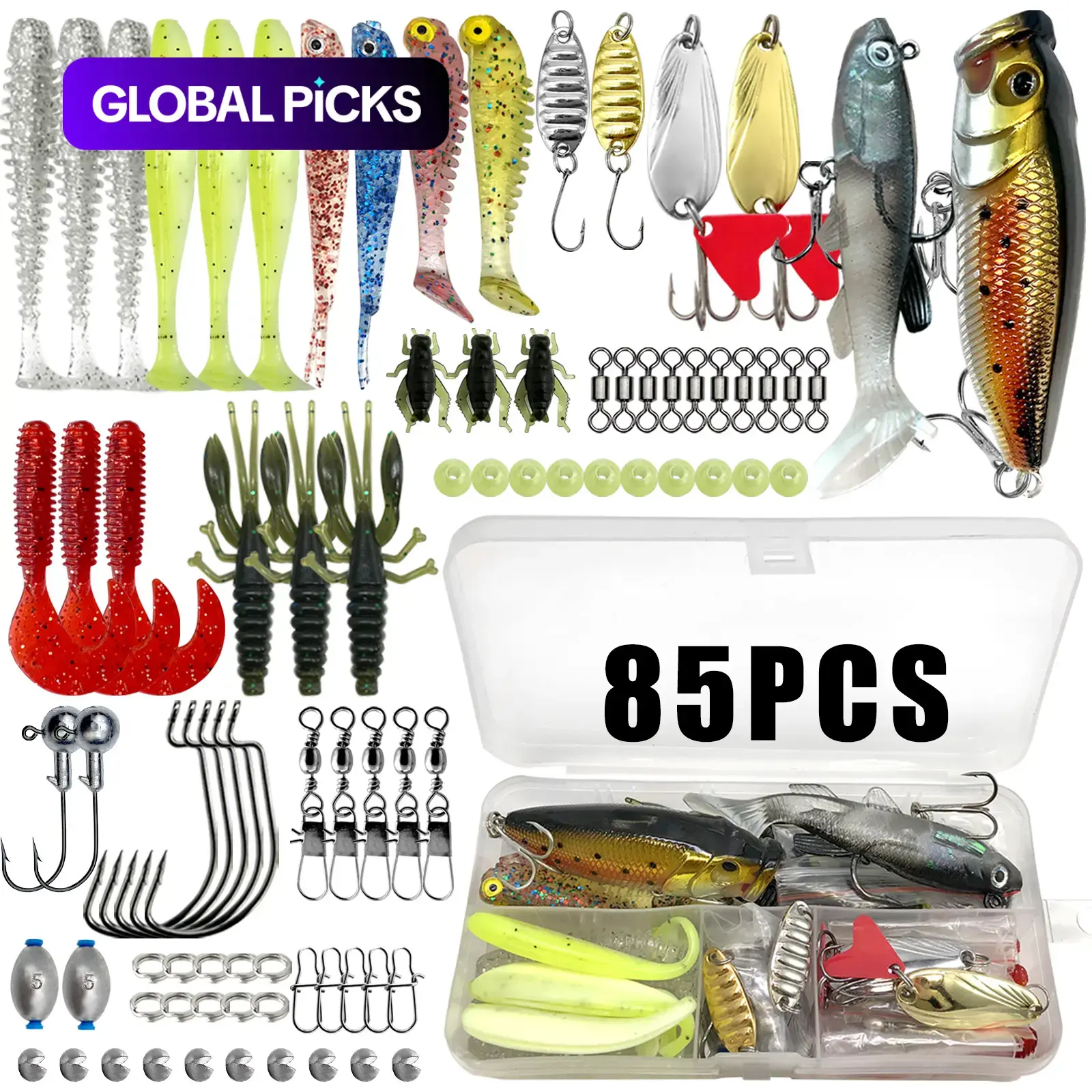 Fishing Lure Kit, Fishing Equipment 85 to 375-Piece Tackle Set with Spoon Lures, Soft Plastic Worms, Crankbaits, Jigs and Hooks #GLOBAL PICKS