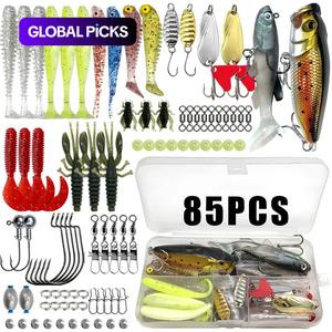 artificial fishing lure kit, 85/117/157/198/357pcs fishing lure set, fishing accessories including spoon lures, soft plastic worms, crankbait jigs, fishing hooks, fishing gear set