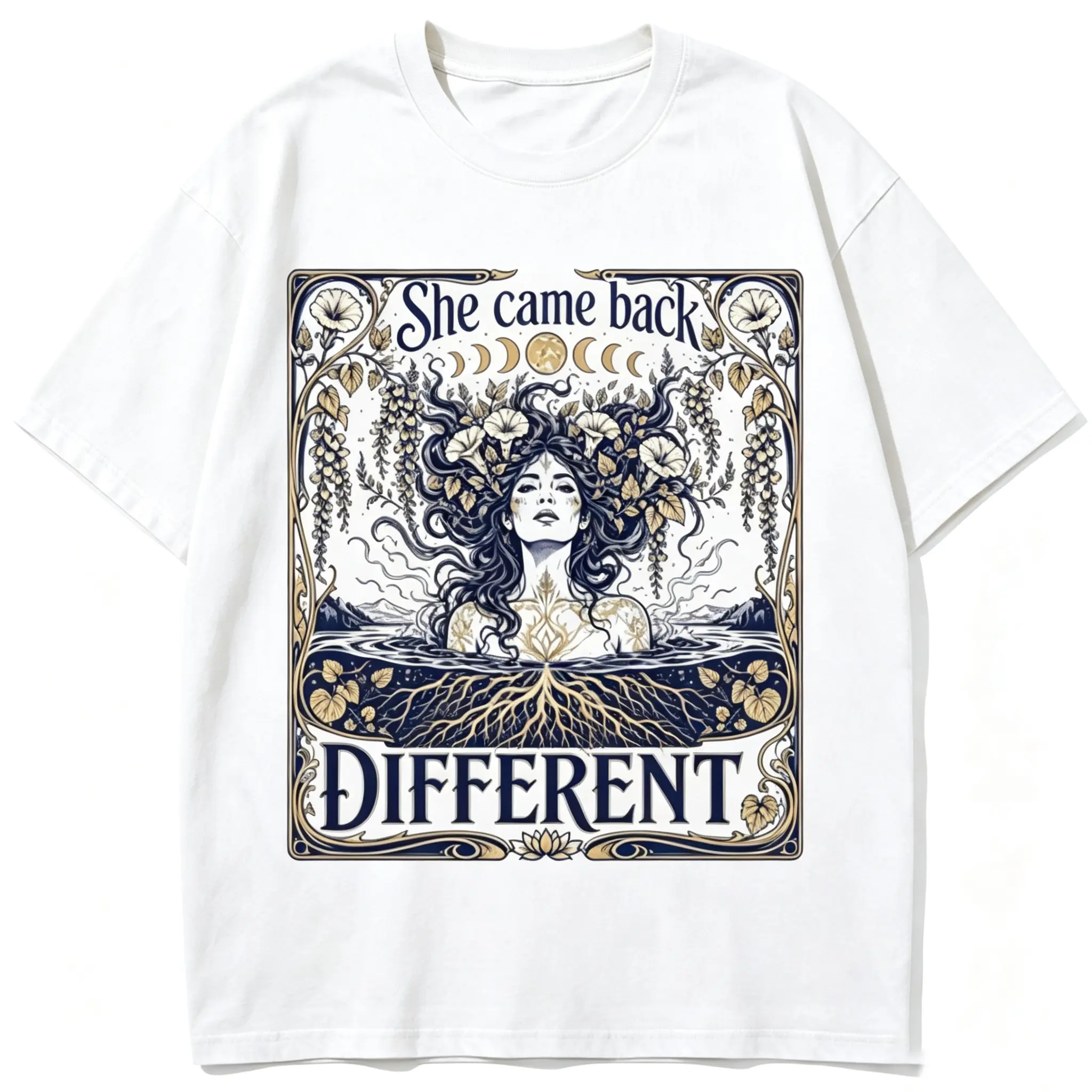 She Came Back Different Moon Floral Water Lady Art Nouveau Graphic Short Sleeve T-Shirt, Womens Dark Floral Mystical Casual Tops, 100% Pure Cotton Printed Craft Summervibes Tee, Relaxed Lightweight Regular Fit Summer Outfits