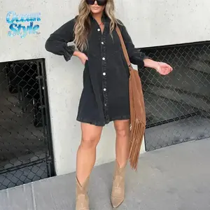 Ocean Style Washed Denim Puff Sleeve Mini Dress - Short-Length Collared Button Down with Ruffle Hem & Matte Silver Buttons - Casual Women's Fashion Pleats for Summer - Blue, Womenswear