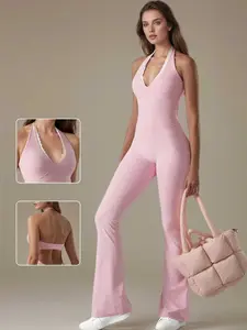 Women's Patchwork Lace Bodysuit, Slim-Fit Sleeveless Yoga Top, Sporty Elastic Pants for All Seasons, Backless Sports Jumpsuit, Ideal for Fitness & Daily Wear