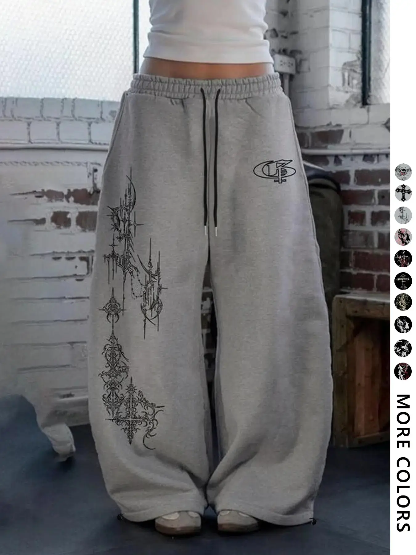 Women's Dark Gothic Graphic Sweatpants Y2K Cyber Sigilism Print Wide Leg Baggy Streetwear Street Style Casual Lounge Pant Comfy Baggy Grey Trousers American Retro Unique Cross Tribal Print Oversized Pants Adjustable Drawstring Waist, Fitted