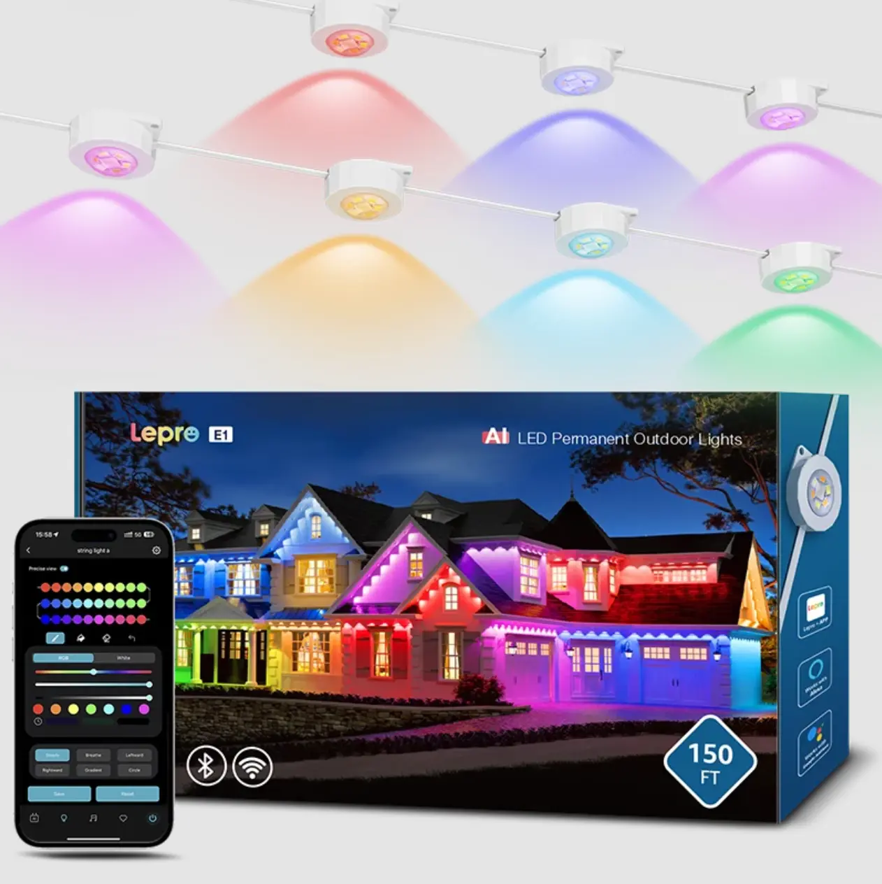 Lepro E1-60 Permanent Outdoor LED Strip Lights, 100ft RGBIC+Warm/Cool White 60 Triple-LED Decorative Lighting, Smart App-WiFi Voice Control, Alexa/Google Enabled, Firework Effect for Christmas, Halloween