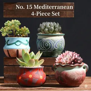 4pc Hand-Painted Mediterranean Ceramic Succulent Pots with Drainage Holes | Vintage Aesthetic Mini Planters for Indoor Plants | Perfect Desk & Home Decor Gift