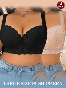 2PCS Women's Plus Size Lace Push-Up Underwire Bra, Underwear, Support Lift and Anti-Sagging, Full Coverage Cover Side Breasts, Adjustable Wide Straps, Soft Comfort, Elegant Chic Everyday Wear