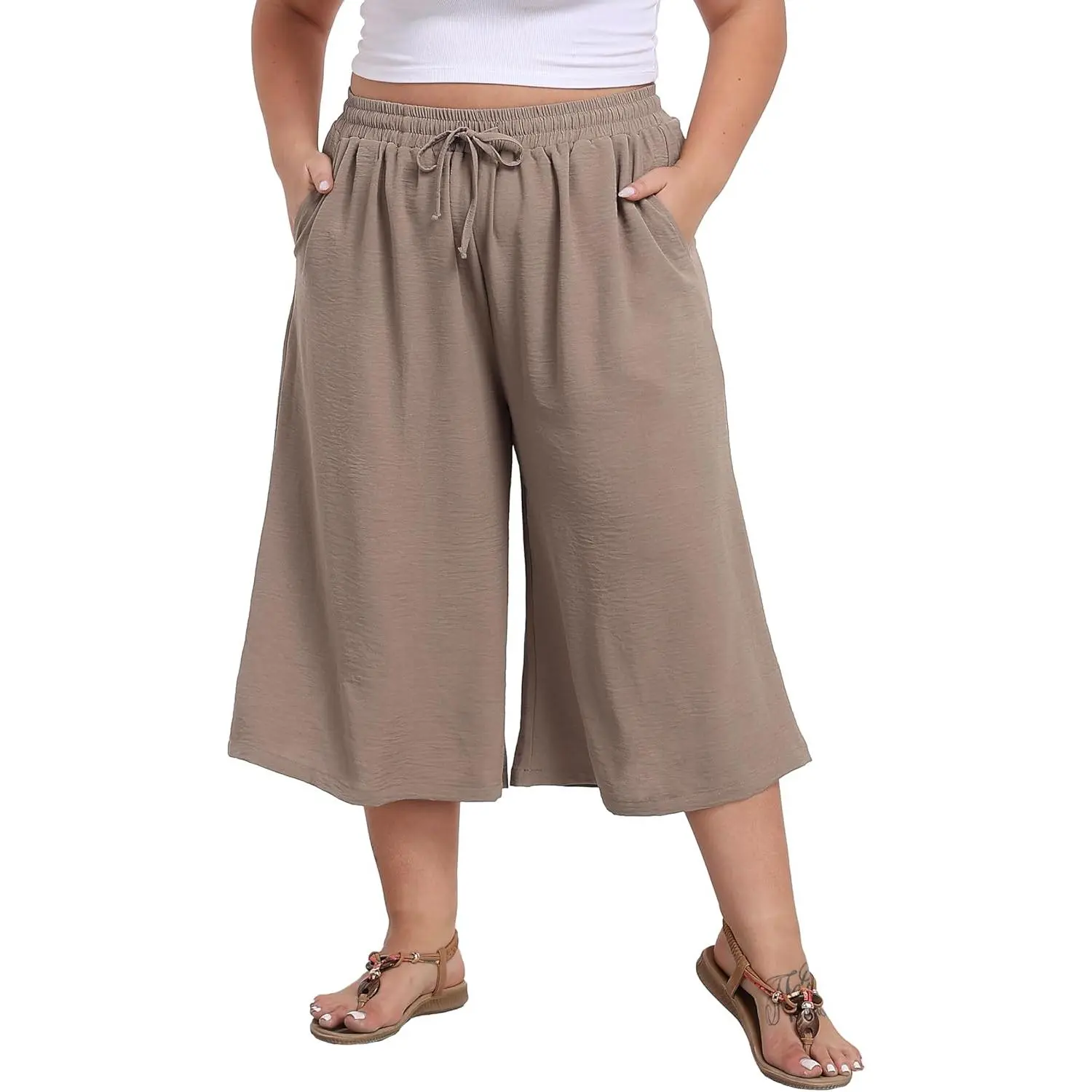 Women's Plus Size Wide-Leg Capri Casual Joggers - Loose Lounge Cropped Culottes with Pockets, Summer Lady Clothes for Sports & Outdoor Activities
