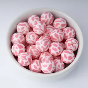 Pink Cow Silicone Beads Printed Round Silicone Beads
