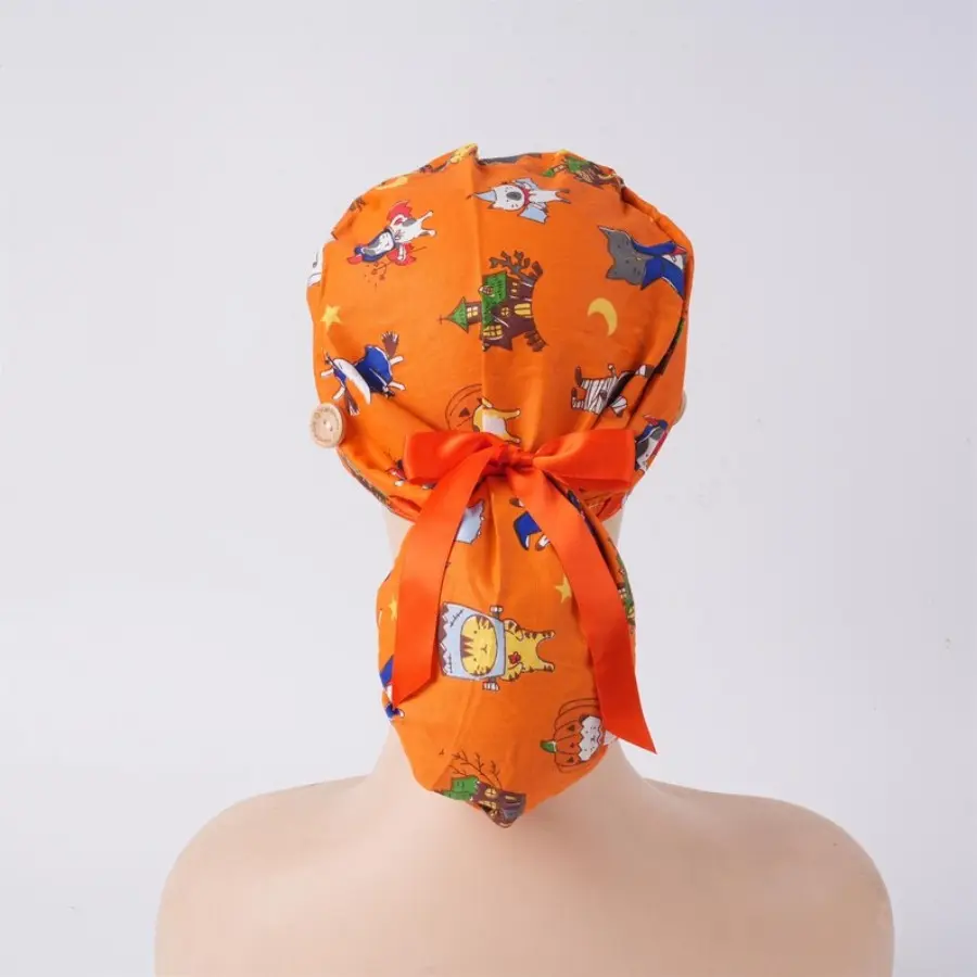 Orange Wizard Cat Halloween Ponytail Scrub Caps for Long Hair,Soft Stretchy Halloween Hat,Fall OR Nurses Hat Bonnet Dental Vet Doctors Anesthesia Gift
