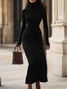 Elegant Chic High-Neck Long Sleeve Knit Dress, Slim Fit Bodycon, Pure Color, Fall & Winter, Commuter Urban Style, Women's Fashion, Womenswear