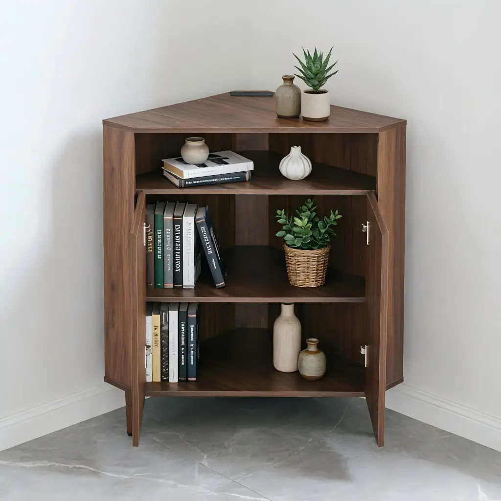 32.28" Modern Narrow MDF Corner Storage Cabinet Floor Organizer with Built-in Power Strip, 2 Doors & Double-Tier Open Shelves, Space-Saving Apartment Essential Furniture for Living Room Dining Room Small Spaces