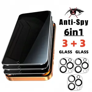 [6in1] 3 Pack Privacy Screen Protector for iPhone 16 Pro Max 13 14 15 17 Air Pro Max Plus 16E with 3-piece Camera Lens Protector Set Anti Spy Tempered Glass Film 9H Hardness Case Friendly