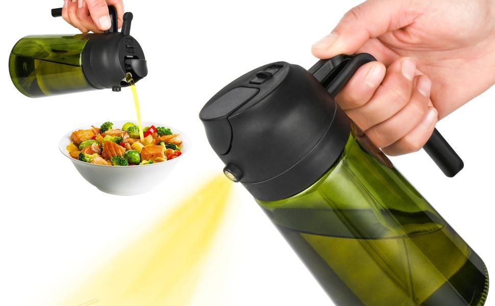 2 Count 2 in 1 Oil Sprayer for Cooking 16oz/470ml Light-Blocking Dark , Olive Oil Dispenser Bottle for Kitchen, Premium Dark Green Glass Oil Bottle, Food-Grade Oil Mister for Air Fryer, BBQ