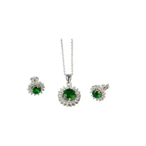 925 Sterling Silver Round Halo Stone Jewelry Set Necklace 1mm Chain 16 + 2 Inches (Green Purple Black)