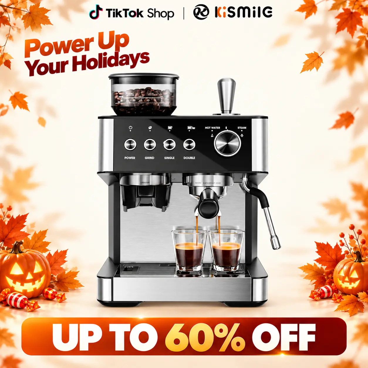 Kismile Automatic Espresso Coffee Machine - 20-Bar Pump, Built-In Grinder, 1500W Strong Pull, Timer, 2.8L Removable Water Tank, Milk Frother Steam Wand, 12-Cup Batch Brew, Descaling Function, US Plug, Italy-Made At Home Espresso Coffee Equipment,techvibes