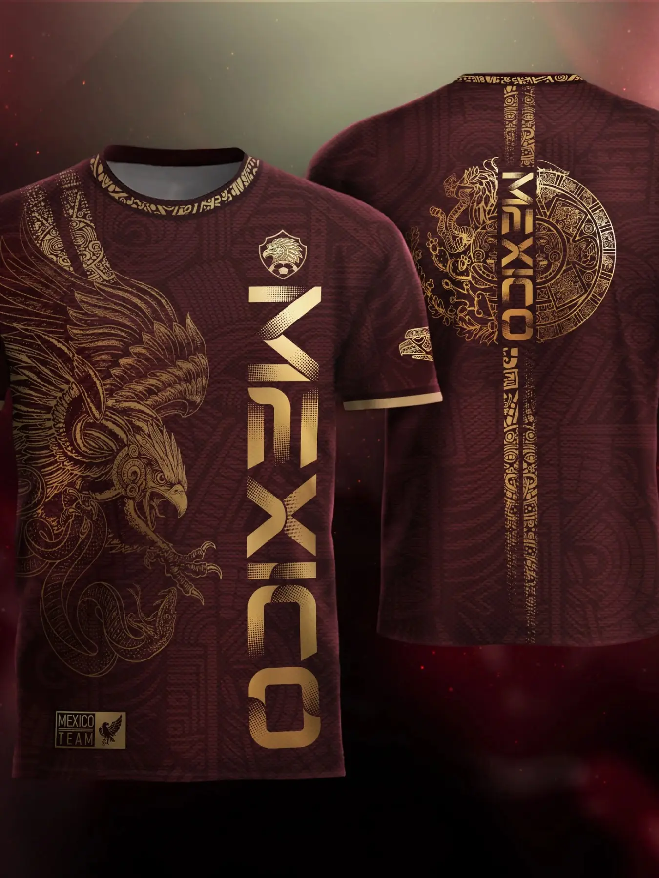 Mexico Burgundy Aztec Eagle Heritage Soccer Jersey, Casual Fitted Long Sleeve Top, Stylish Jersey, All Season Wear, Ethnic Tribal Print, Jersey Shirts, Football Jersey