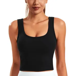 Smooth Womens Workout Tank Tops U Neck Longline Sports Bra Padded Yoga Crop Tank Top with Built in Bra