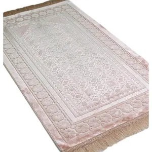 Luxury Velvet Islamic Prayer Rug - Floral Stamp Light Pink