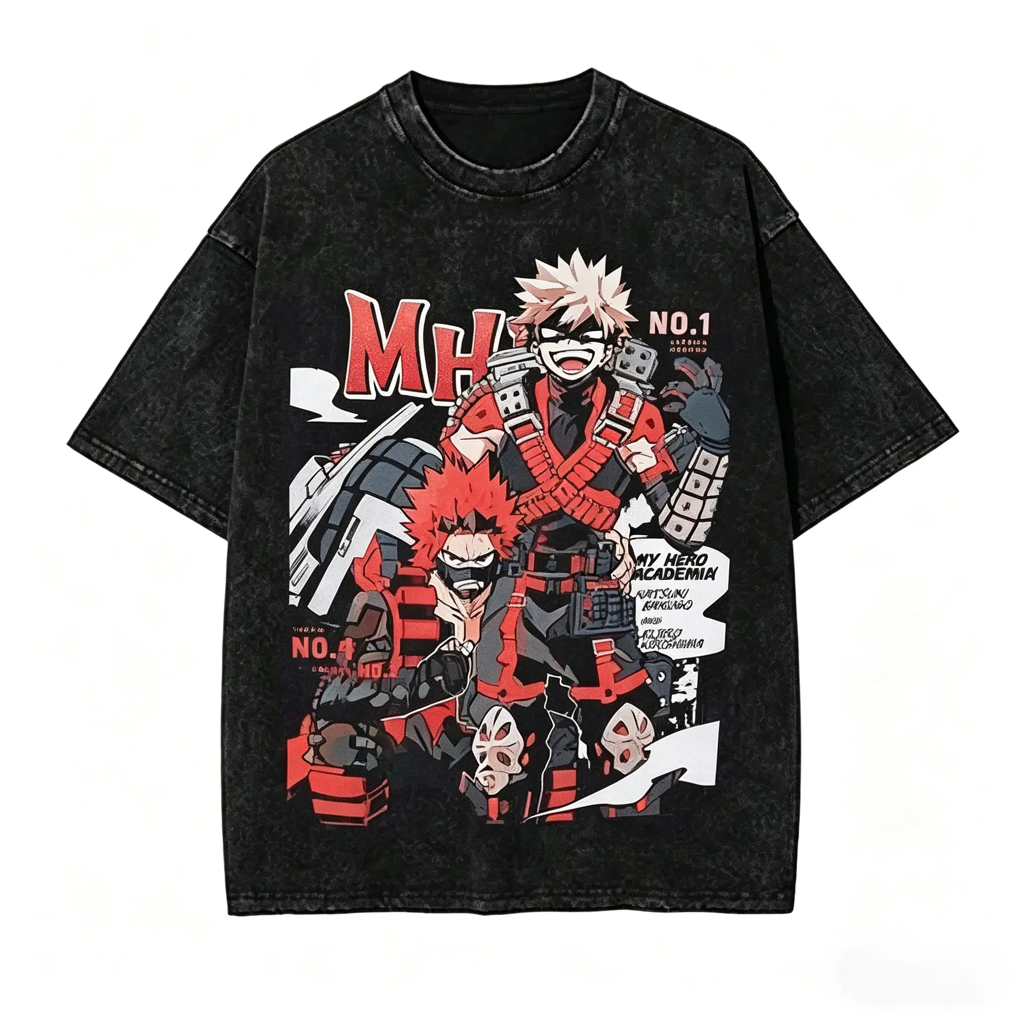 Menswear Retro My Hero Academia T-Shirt - Unisex Oversized Distressed Tee with Bakugo & Kirishima Graphic, Casual Shortsleeve Streetwear Top, Tshirt, Round Neck, Vintage Wash, Graphic Print, Stylish, Retro Anime Vibe, Anime Lovers, Cotton, Fashion, Great