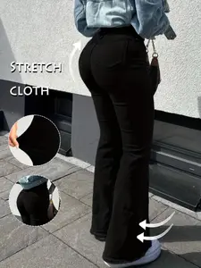 Women's High Waist Metal Button Detail Elastic Slim Fit Bell Bottom Pants, Trouser, Casual Fitted Trousers, Sporty Casual Outdoor Long Pants, All Seasons, Casual Comfy Stretch, Casual Commuter Pants
