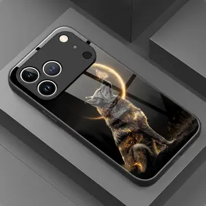 Wolf and Moon Fashion Art Pattern Glass Case, For iPhone 17 16 15 14 13 12 11 PRO MAX PLUS AIR and Mini iPhone 16E AIR XR XS MAX Series Mobile Phone Case, Full Coverage, High Definition Tempered Glass, Stylish Protective Cover