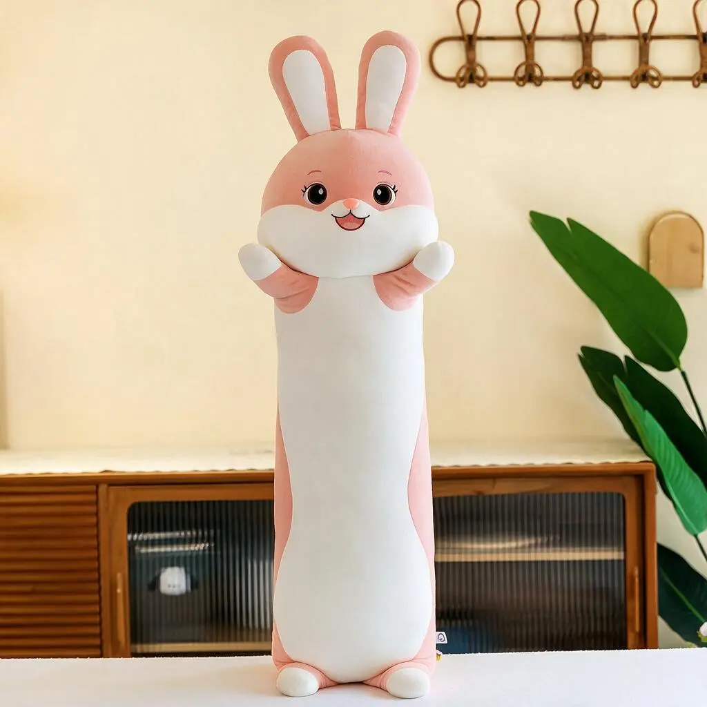 Cute pink rabbit long body pillow — super soft, fluffy bunny hugging sleeping leg pillow cushion; gift for kids and girls’ bedroom decor
