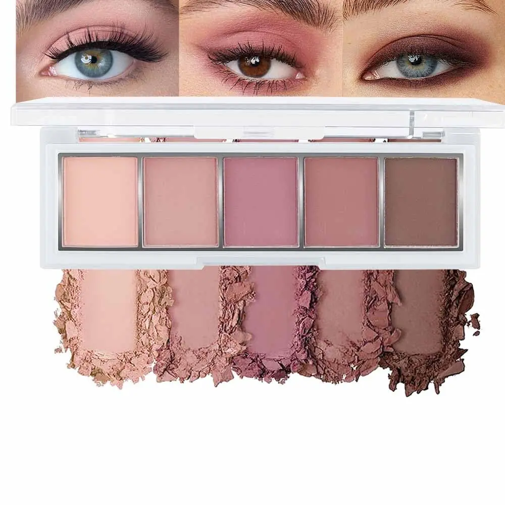 5-Shade Matte Eyeshadow Palette with Blush & Contour - Brightening Nude Pink, Rose & Mauve Tones Cosmetic for All Skin Types