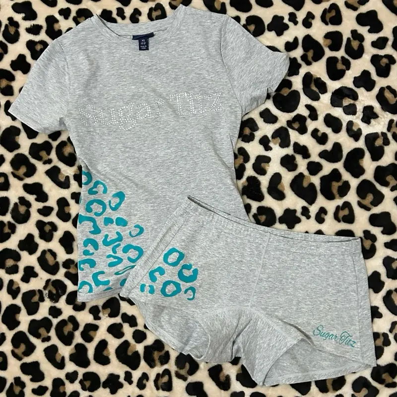 Women's Grey/Silver/Teal Rhinestone Leopard Print Loungewear Streetwear Two-Piece Set Stylish Comfortable Lounge Wear with Glamorous Rhinestone Accents