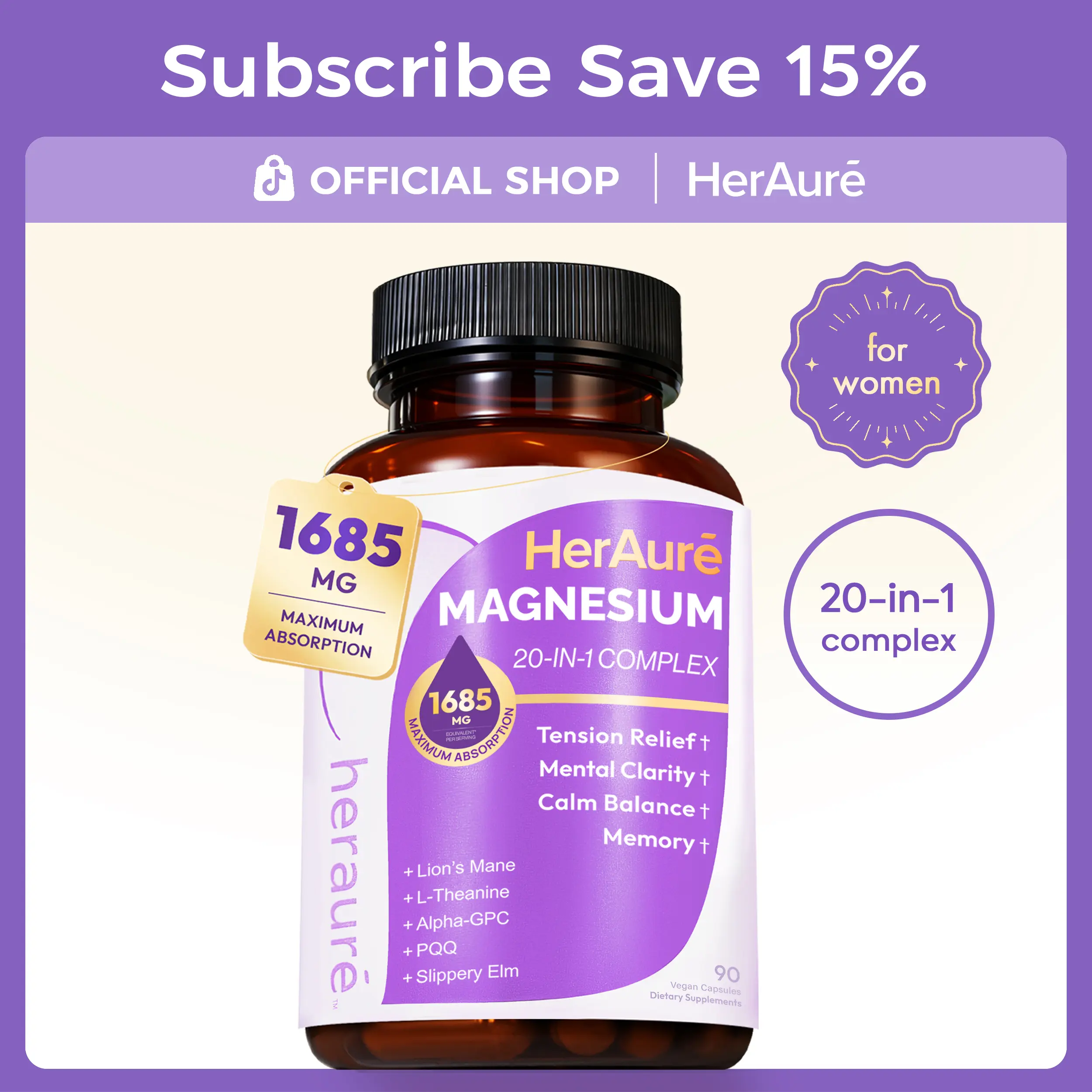 HerAure 20-in-1 Magnesium Complex 1685mg - BrainFog Relief, Reduce Overthinking & Calm Mind, StressRelief & Sleep Comfort, Digestion, Muscle & EnergySupport, 12 Forms of Magnesium, B6, Zinc & SlipperyElm, beach essentials, Deals For You Days