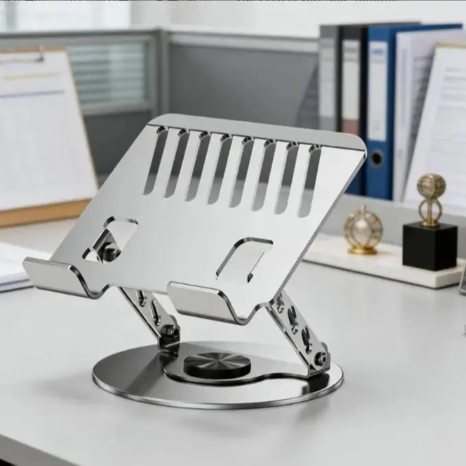 360° Rotating Stainless Steel Book Stand, Multi-angle Adjustable Foldable Reading Holder, Heavy-Duty Metal Book Support for Textbooks, Cookbooks, Tablets—suitable for office desk study and kitchen use