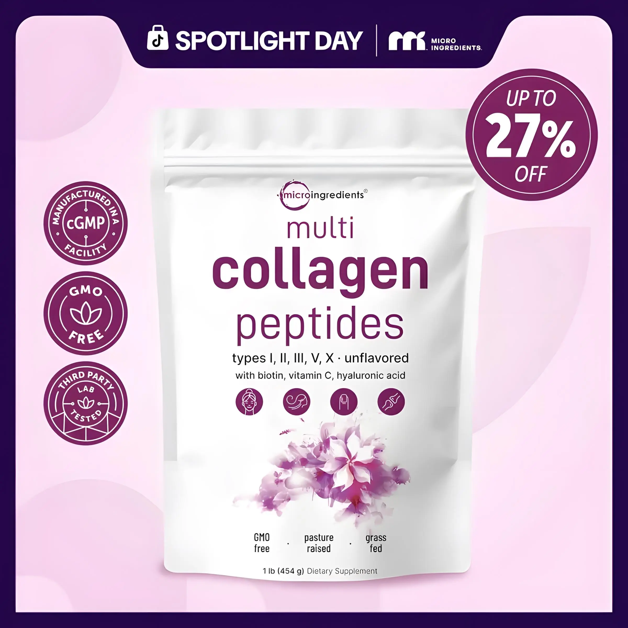 Micro Ingredients Multi Collagen Peptides Powder - Hydrolyzed Protein Peptides (Type I,II,III,V,X) with Hyaluronic Acid, Biotin & Vitamin C Unflavored, Metal Alligator Duck Billed Salon Styling Clips with Holes