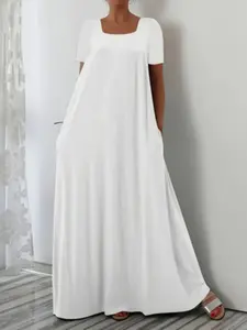 Summer Minimalist Square Neck Flowy Short Sleeve Maxi Dress, Casual Boho Elegant Home Vacation Essential, Plain Pattern, Women's Fashion