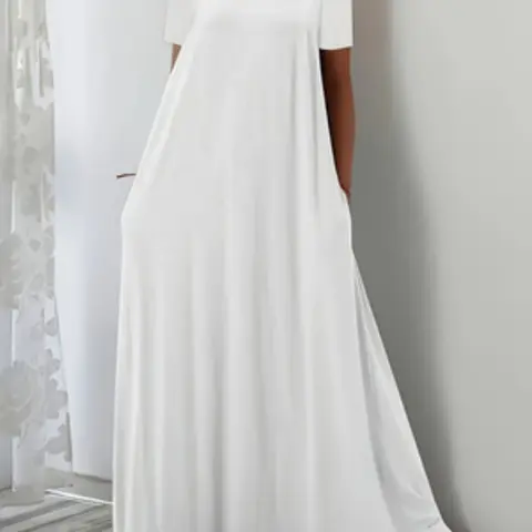 Summer Minimalist Square Neck Flowy Short Sleeve Maxi Dress, Casual Beach Dress for Home and Vacation, Flowy Dresses