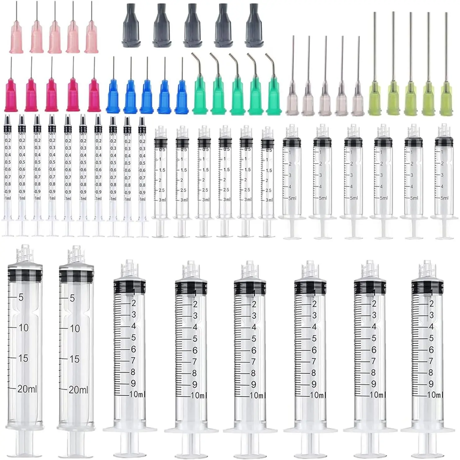 30 Pack Dispensing Syringe Kit - Plastic Syringes in 1, 3, 5, 10, 20ml Sizes with 14-25ga Blunt Tip Needles and Caps for Measuring or Refilling, 10Ml, 5Ml, Kit Set, Measuring Tool, Blunt Tips